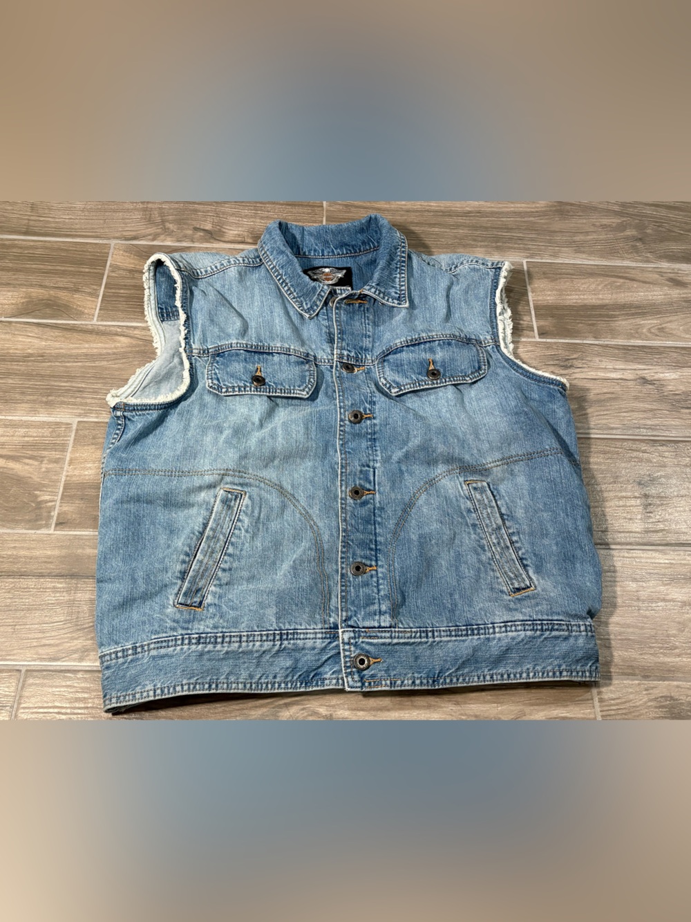 Vintage Harley Davidson Denim Vest Mens L Embroidered Jean Biker Trucker Faded